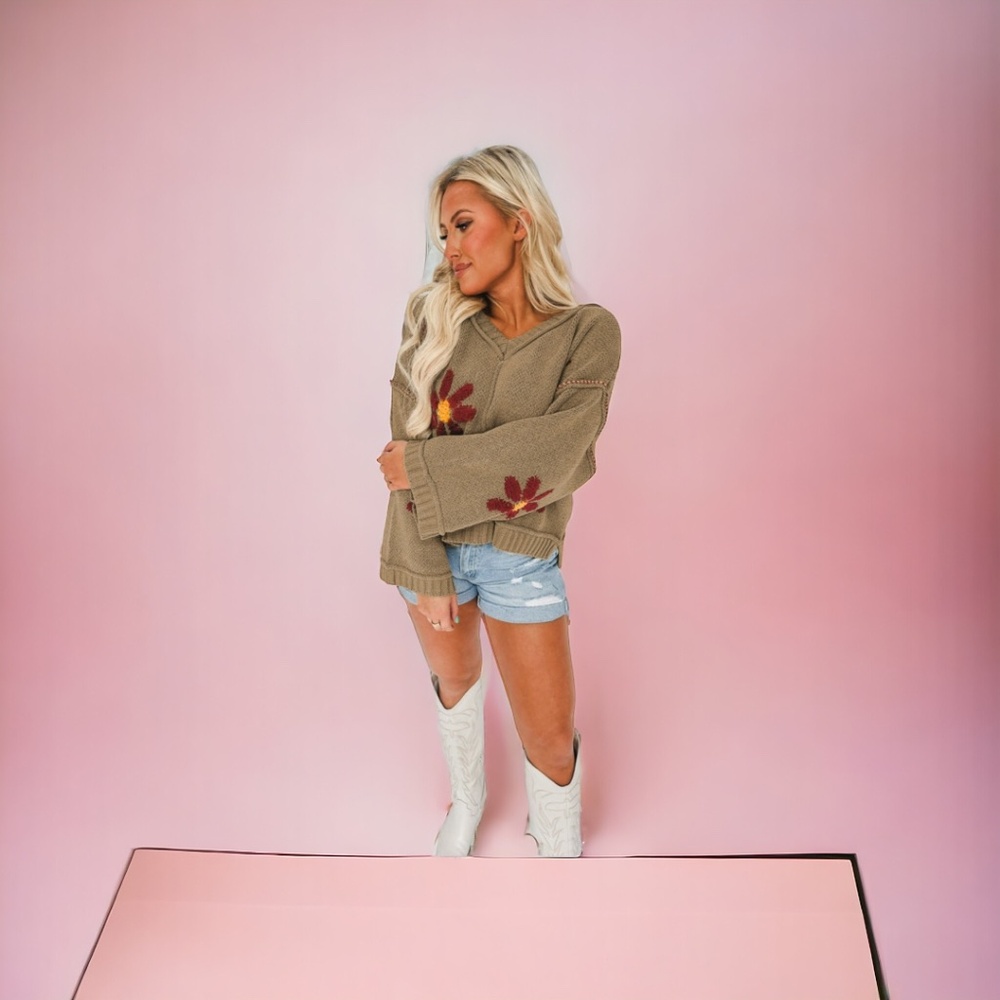 Sage Green Flower Knit V Neck Sweater